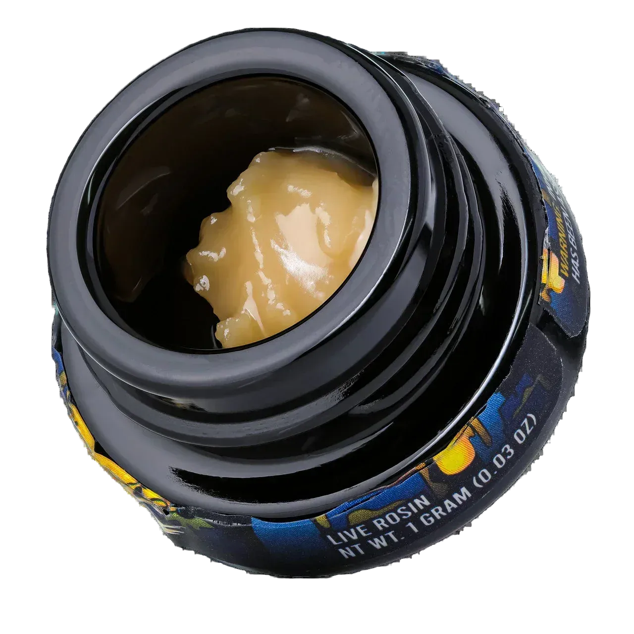 Black jar of live hash rosin concentrate, 1 gram, creamy yellow color, close-up